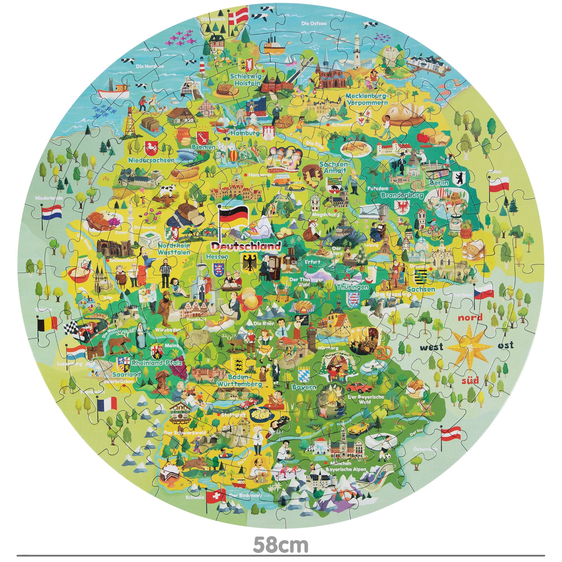 Round jigsaw puzzle featuring colorful, illustrated map of Germany for kids, with various themed elements and landmarks.