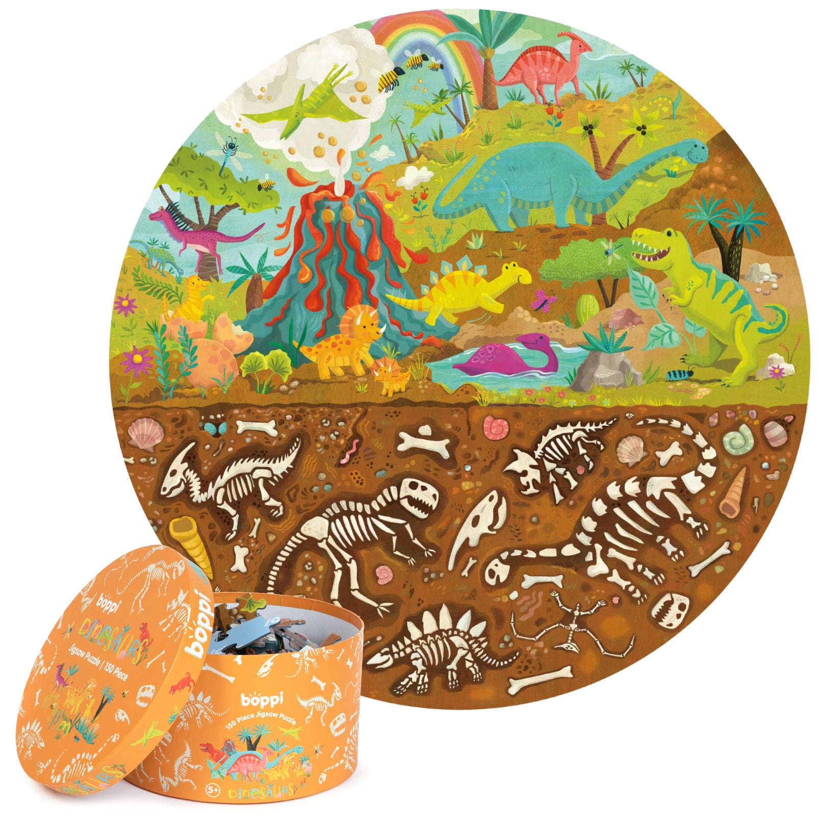 Round dinosaur puzzle for kids, 150 pieces by Boppi featuring vibrant illustrations and dinosaur themes.