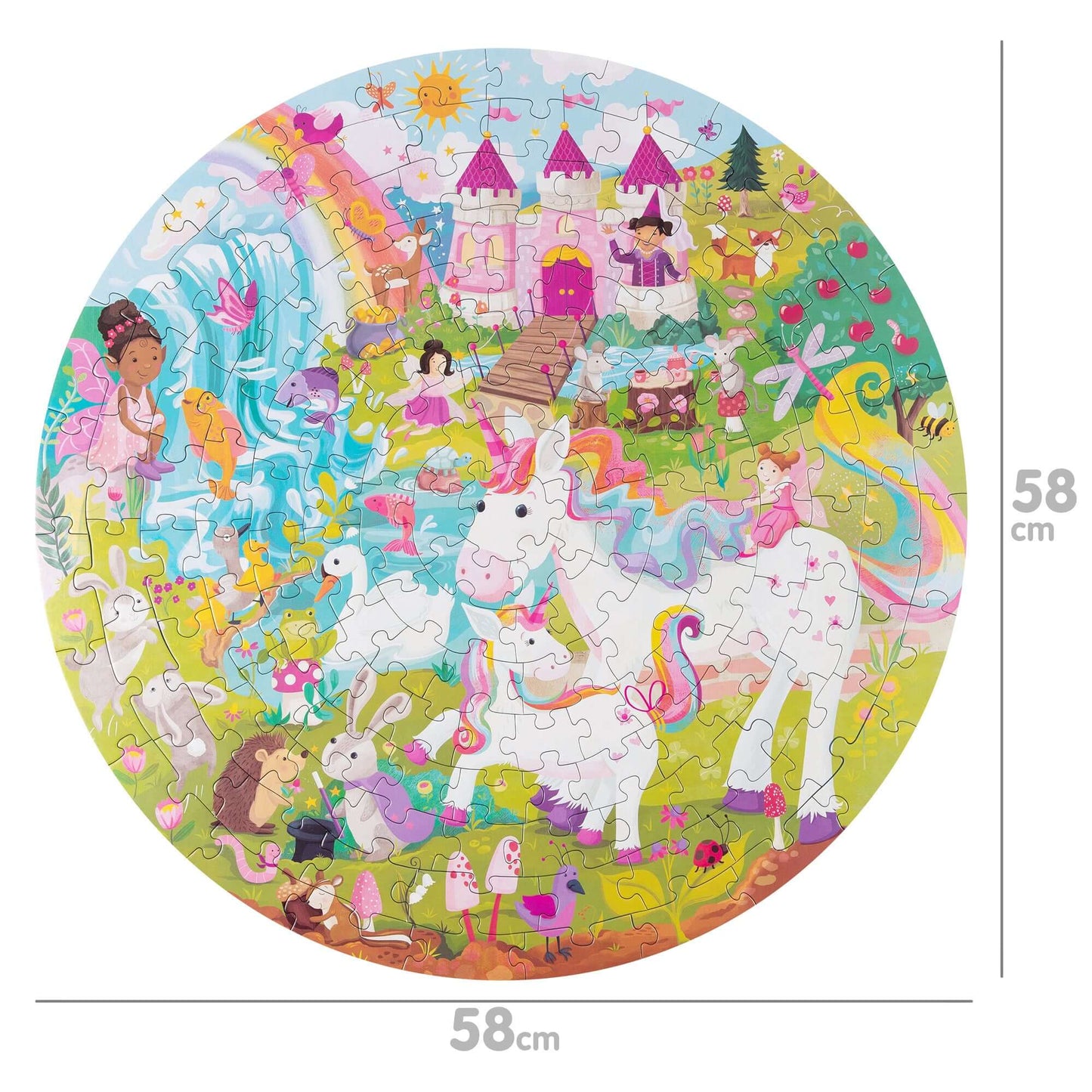 Colorful fairy-themed puzzle set featuring unicorns and magical landscapes for kids aged 4-8.