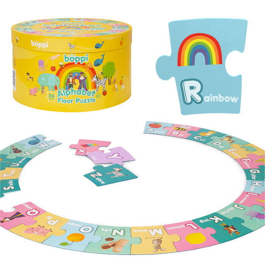 Colorful boppi alphabet floor puzzle featuring vibrant illustrations, perfect for toddlers learning letters.