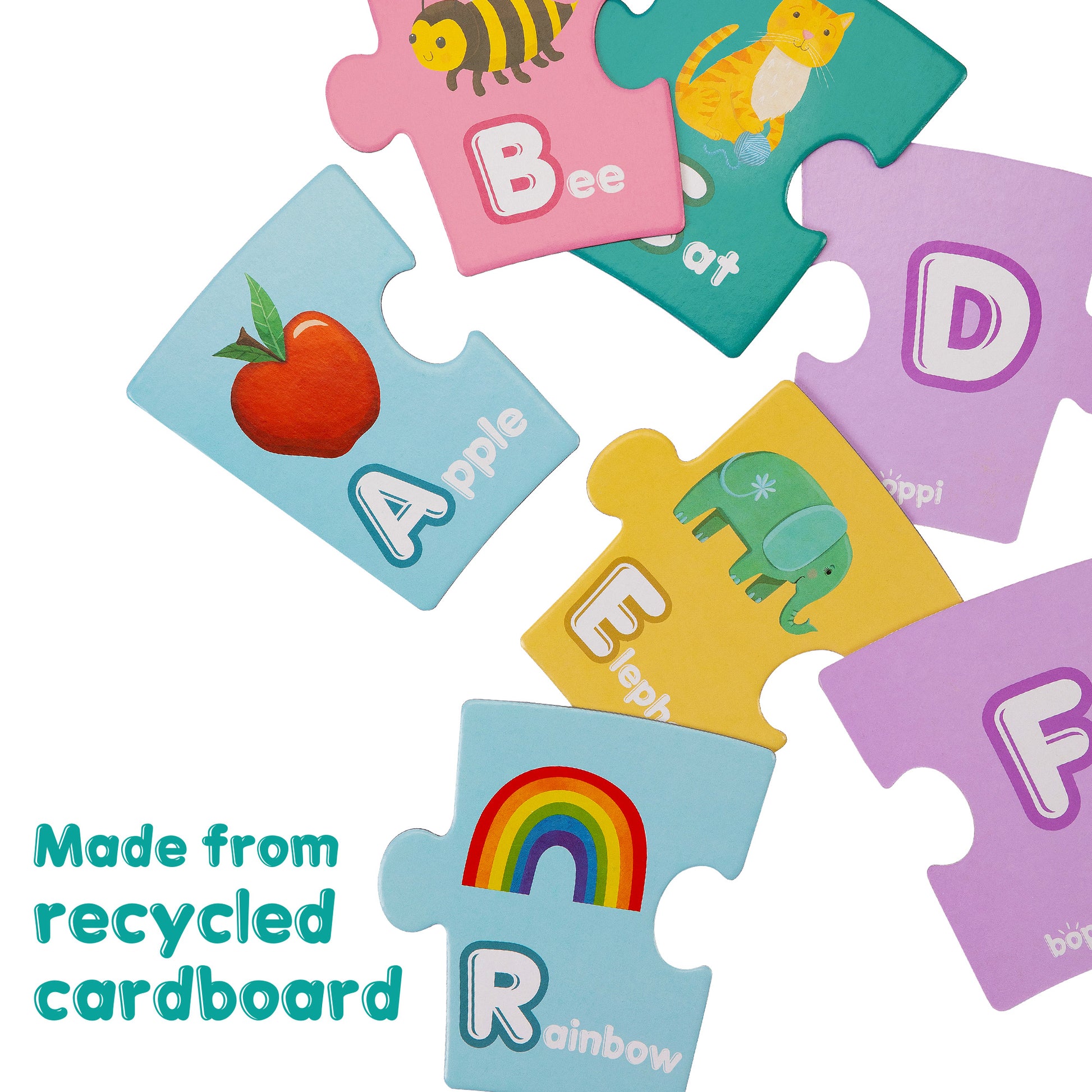 Colorful round boppi puzzle pieces featuring letters A, B, D, E, and R with illustrations for kids' learning.
