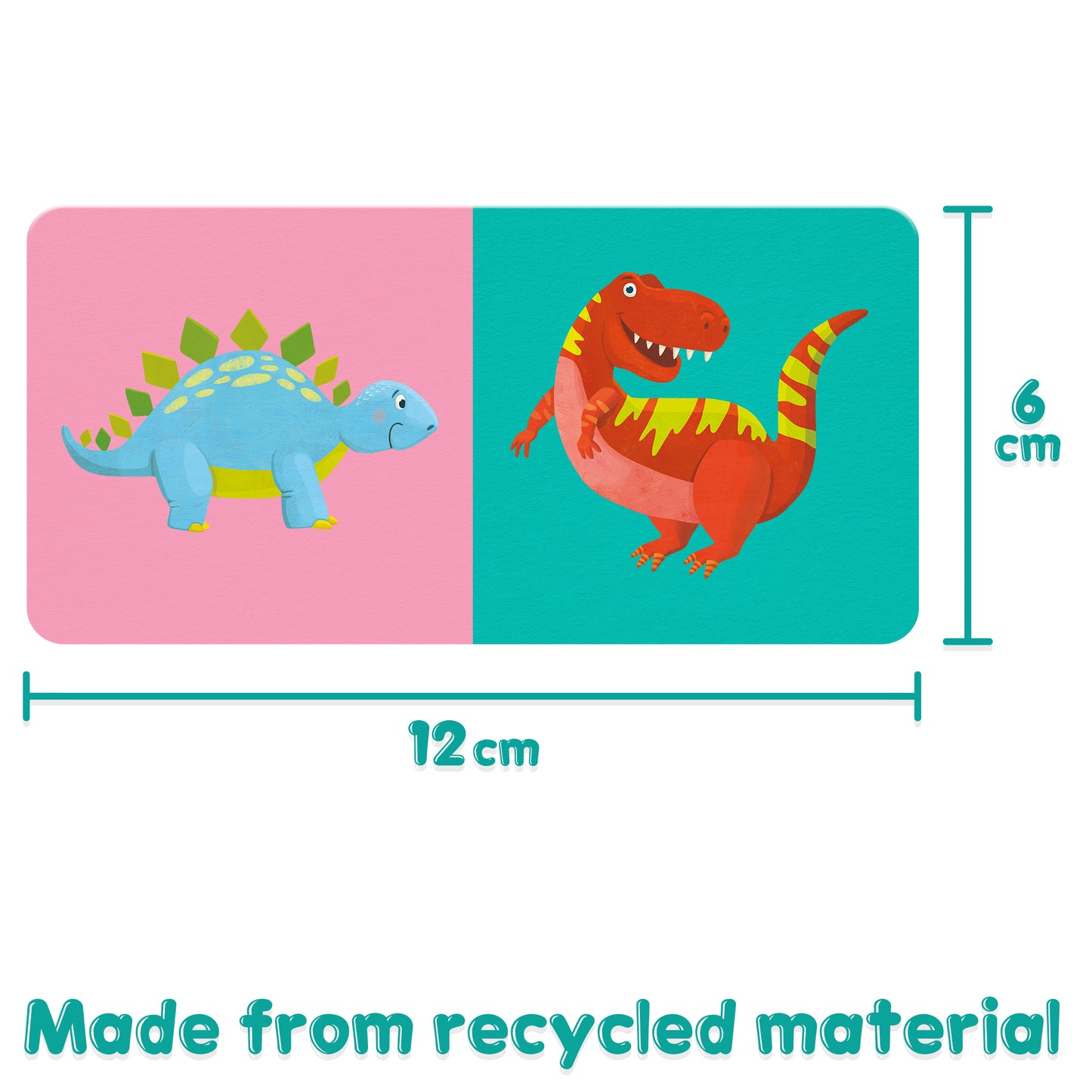 Colorful dinosaur cards, one with a stegosaurus and one with a T-Rex, made from recycled material.