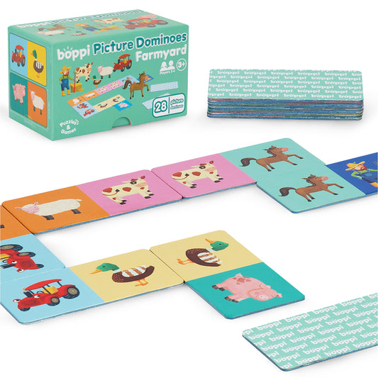 Boppi Picture Dominoes Farmyard game with 28 colorful animal cards suitable for kids aged 3 and up.