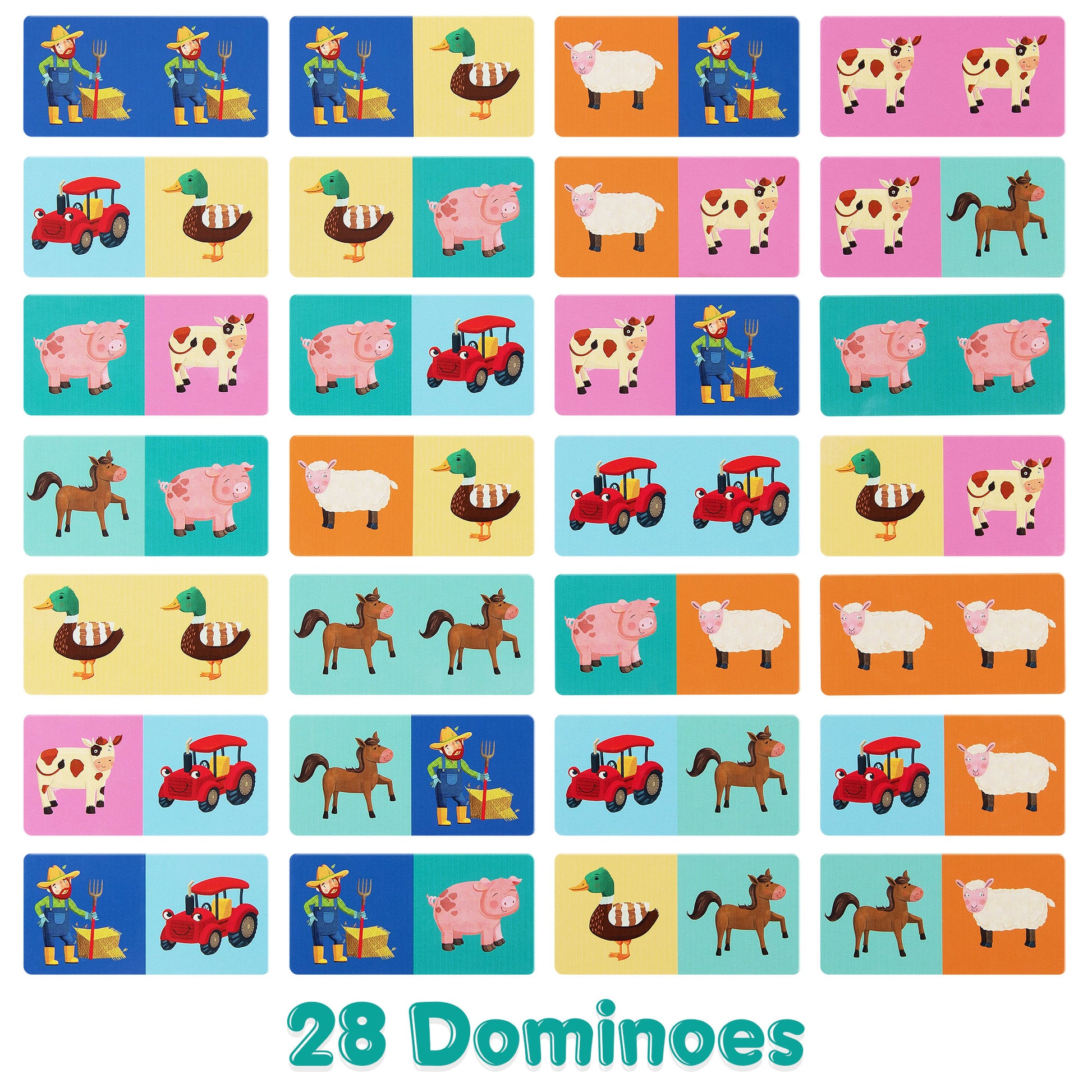 Colorful 28 domino cards featuring farm animals and tractors, perfect for kids' games.