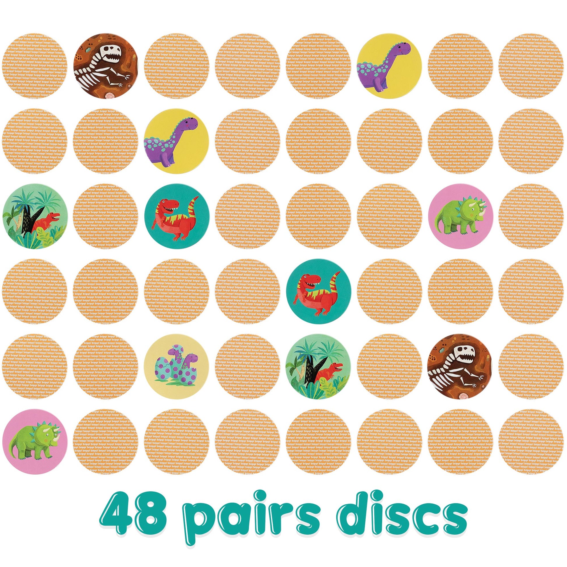 Boppi Dinosaur memory game layout with 48 colorful pairs of illustrated cards for kids.