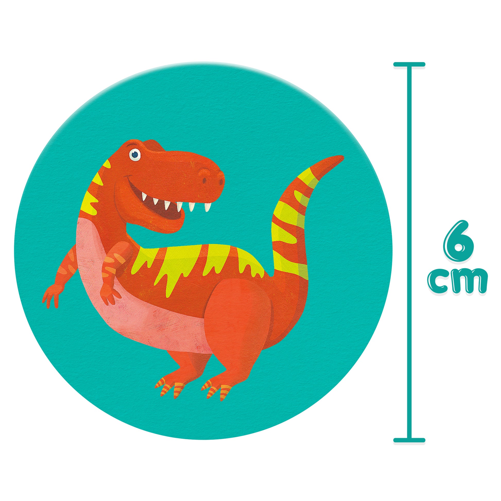 Colorful illustration of a T-Rex dinosaur in Boppi memory game, measuring 6 cm.