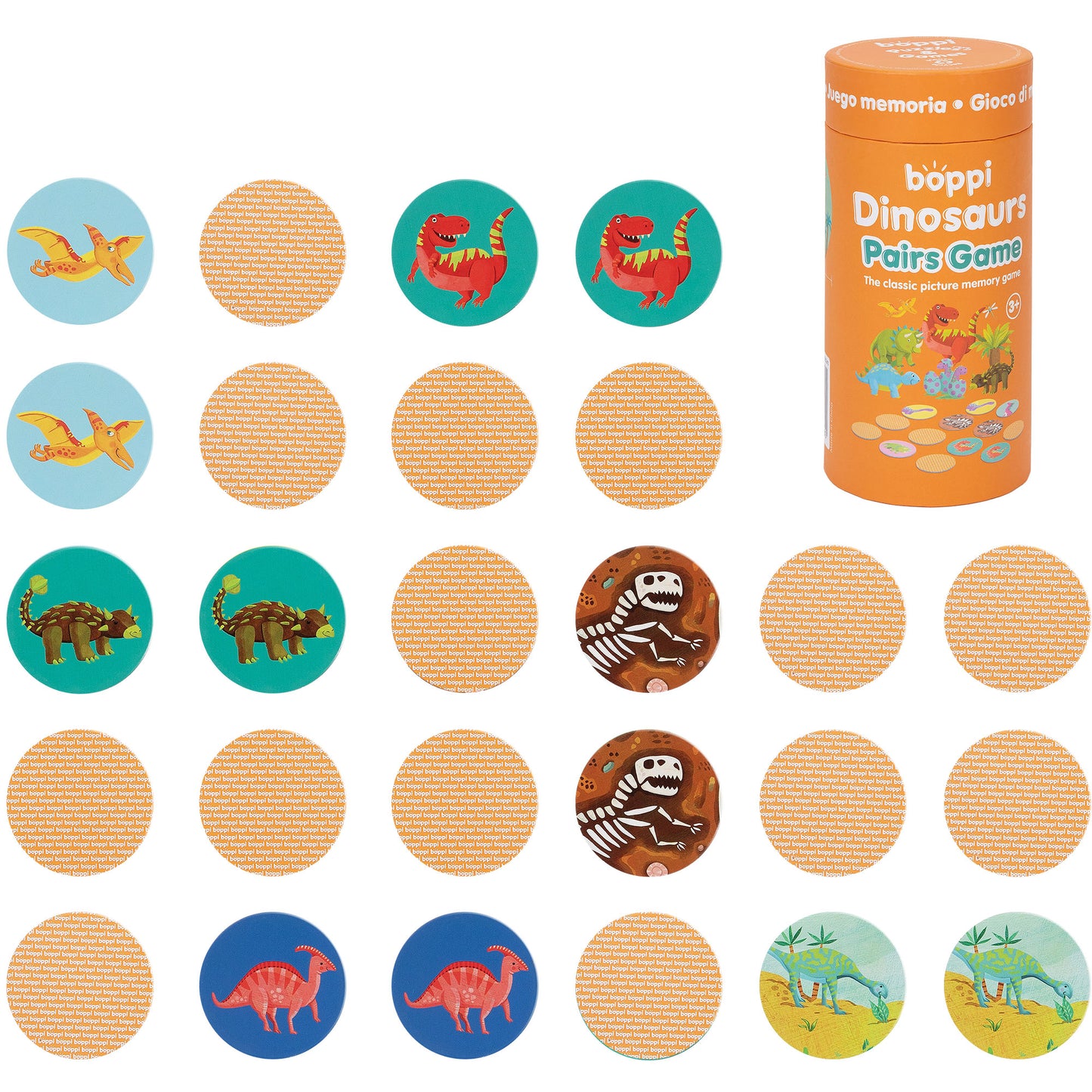Boppi Dinosaur memory game for kids with colorful cards and cylindrical packaging, promoting cognitive skills.
