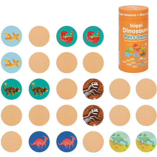 Boppi Dinosaur memory game for kids with colorful cards and cylindrical packaging, promoting cognitive skills.