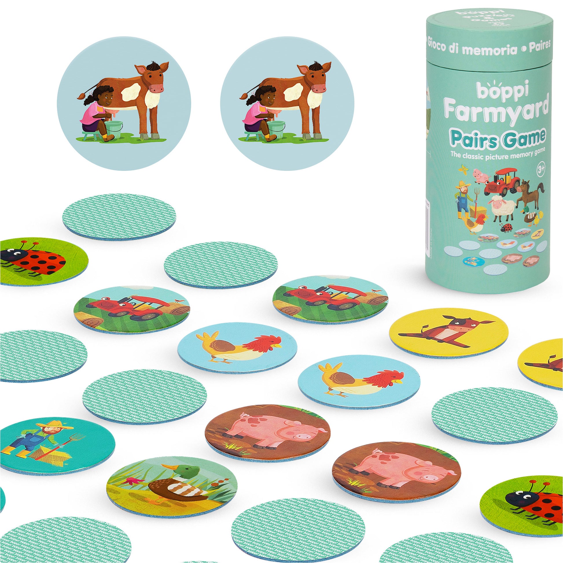 Boppi FARM memory game with colorful cards featuring animals and illustrations in a playful design for kids.