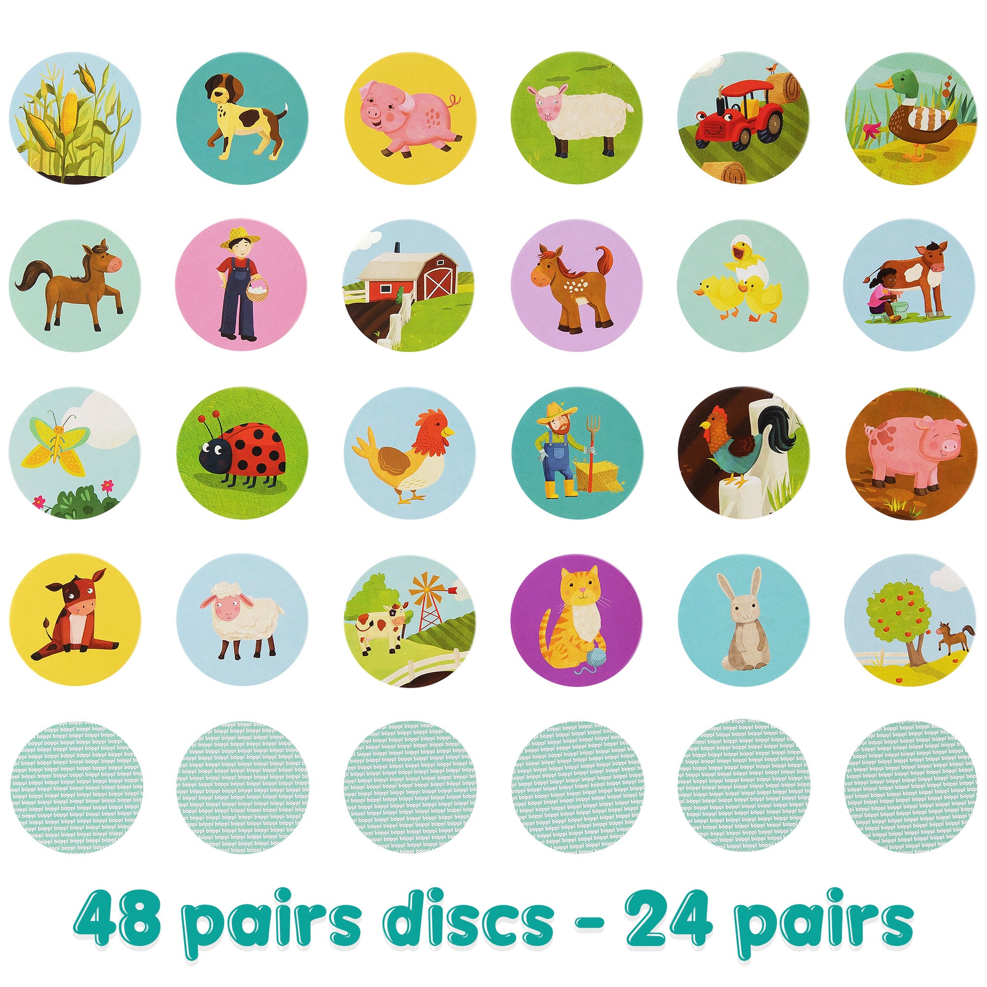 Boppi FARM memory game cards featuring 48 colorful animal and farm illustrations for kids' cognitive development.