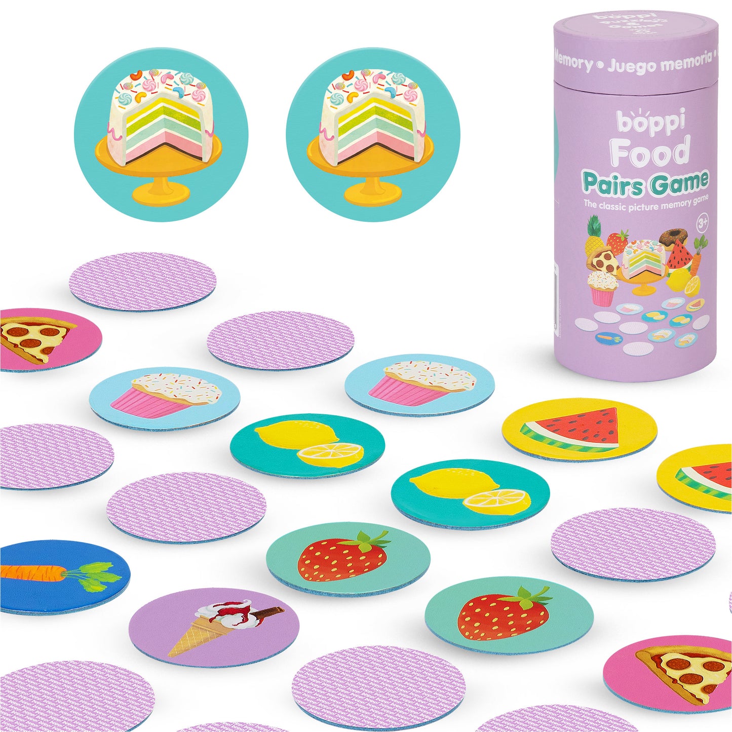 Boppi Food memory game for kids with colorful food-themed cards and a stylish storage container.