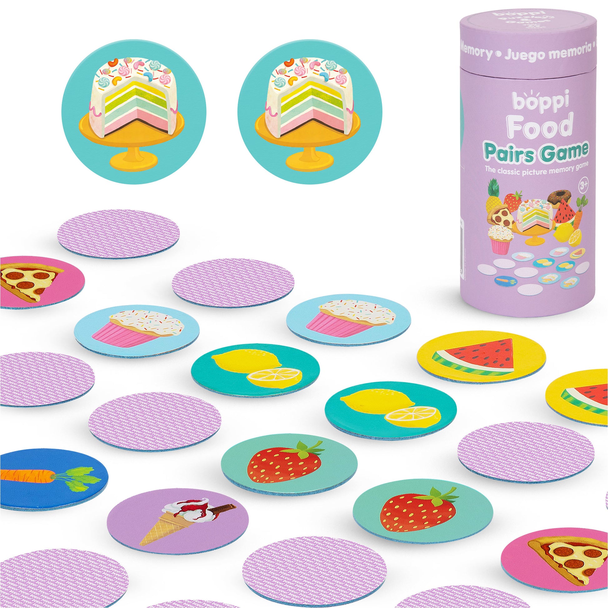 Boppi Food memory game for kids with colorful food-themed cards and a stylish storage container.