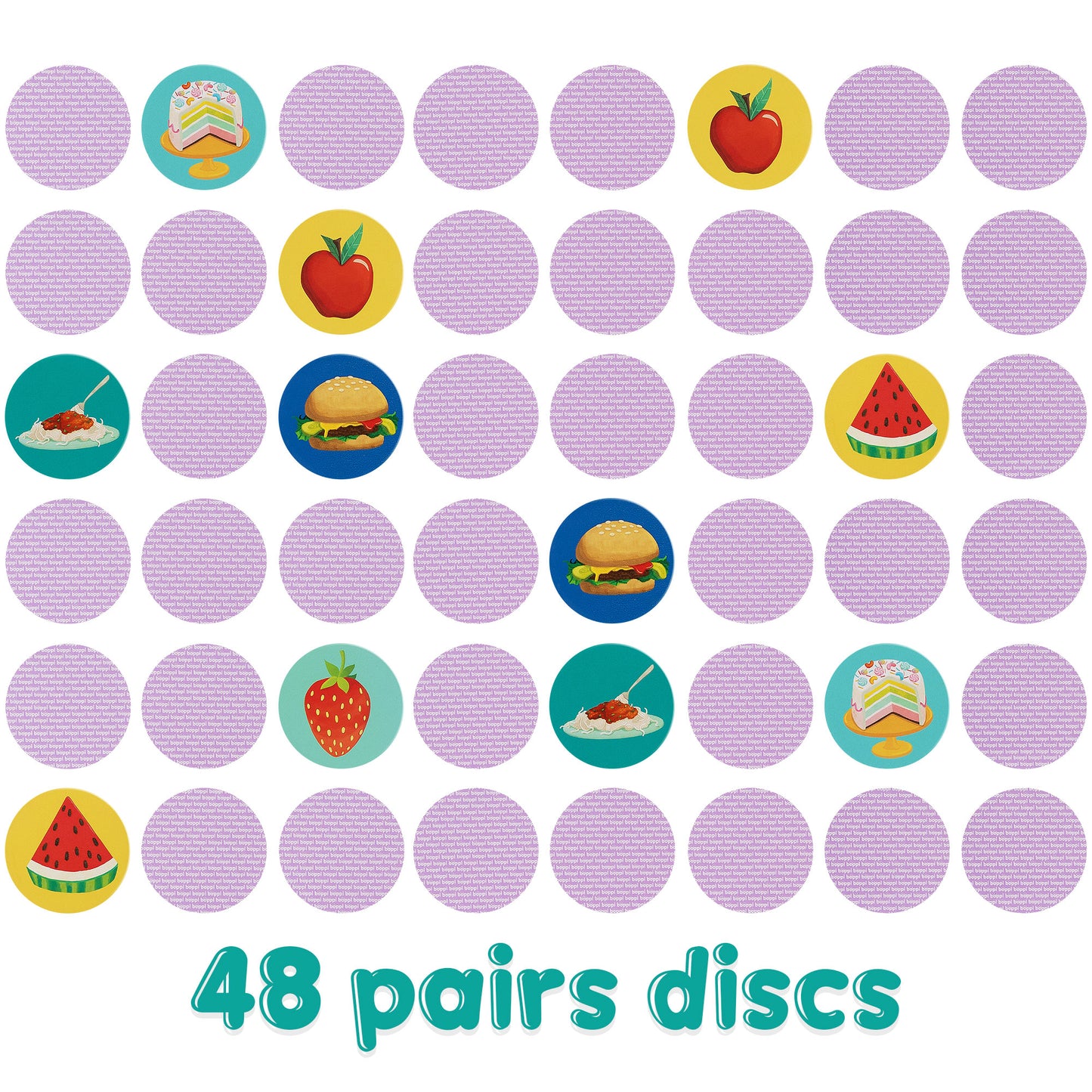 Colorful Boppi food memory game cards featuring 48 pairs of fun illustrations for kids' cognitive development.