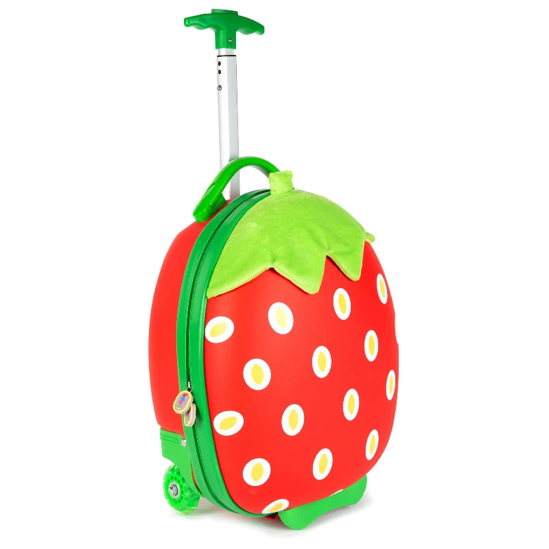 Kids strawberry suitcase with 3D details, retractable handle and smooth-rolling wheels, perfect for young travelers.