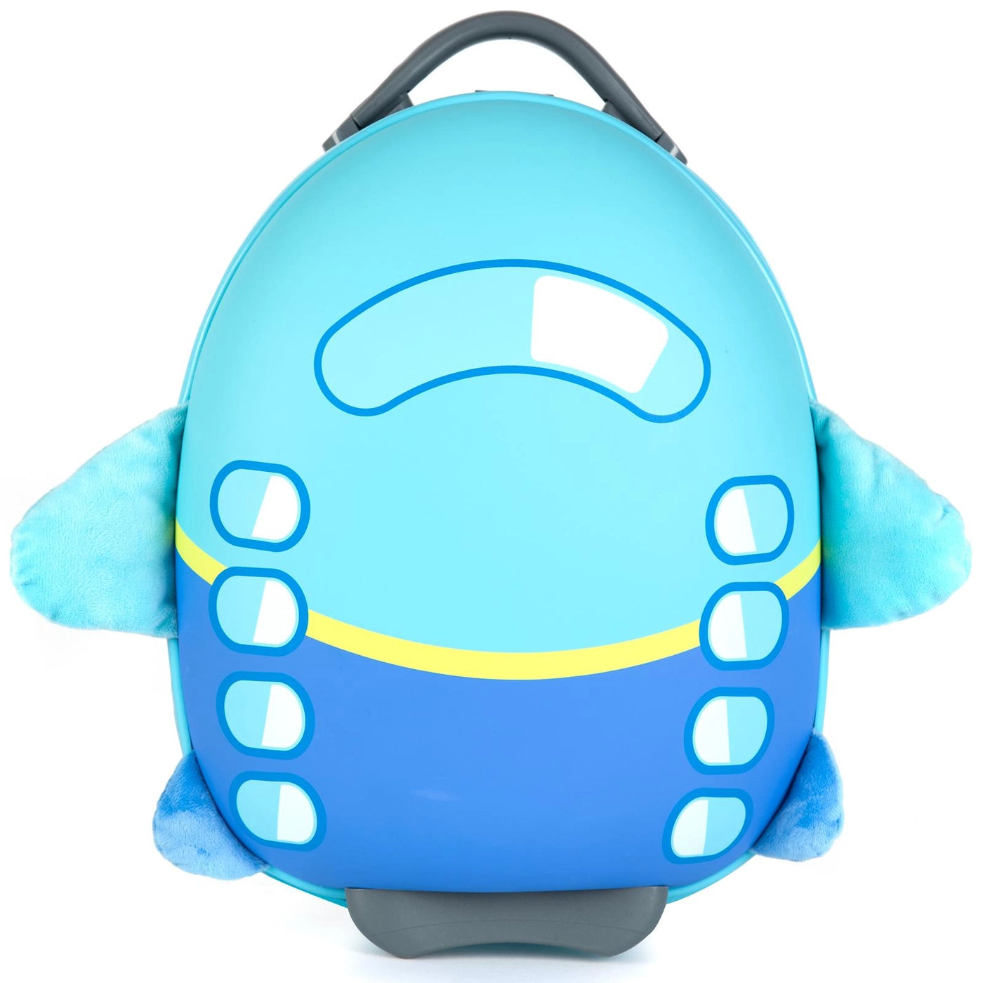 Mėlynas vaikiškas lagaminas su lėktuvo dizainu, minkštais sparnais ir langų dekoru, skirtas kelionėms ir daiktų saugojimui.