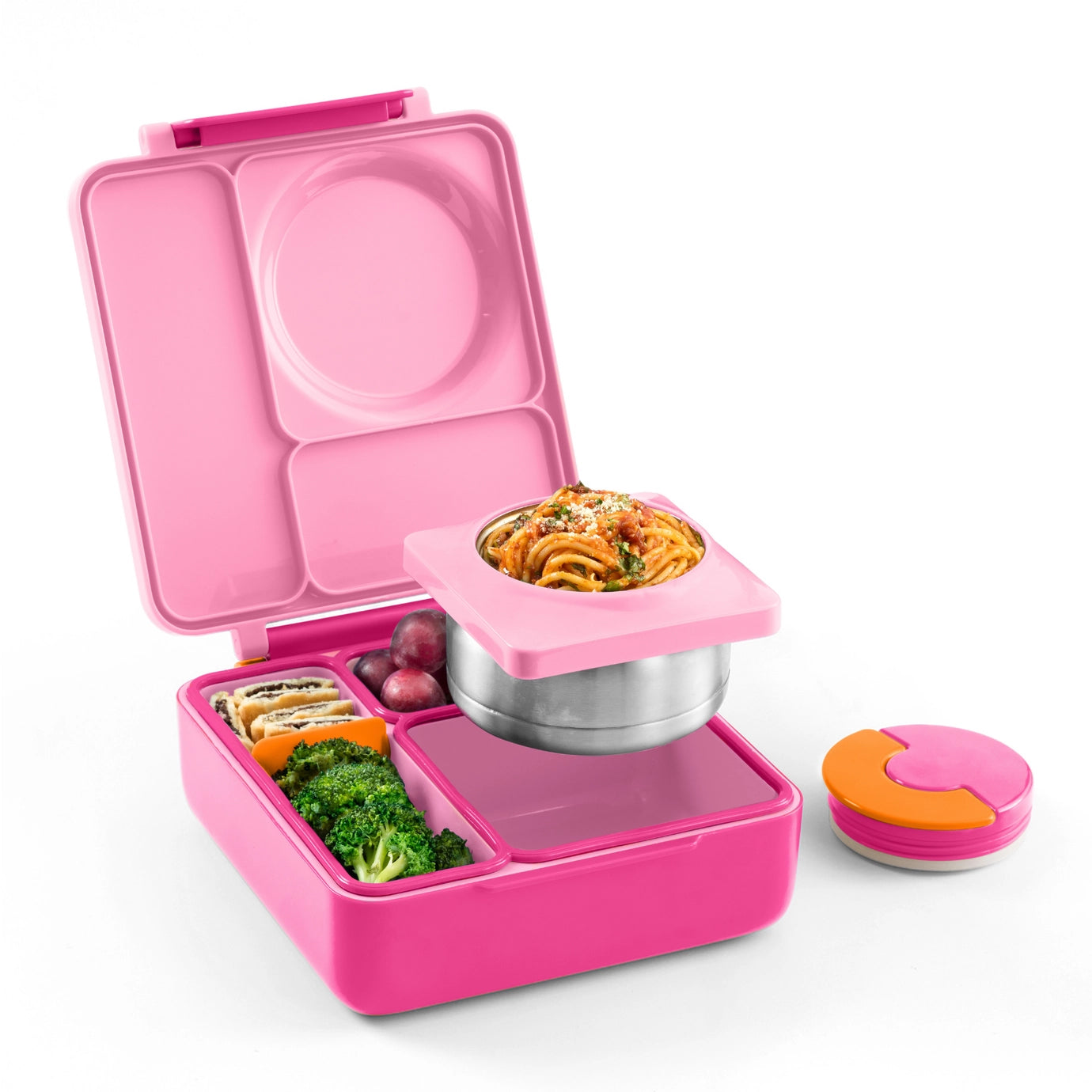 Pastel pink OmieBox lunch box open, featuring compartments and removable thermos for kids' meals.