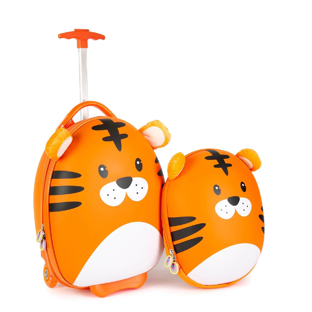 Lagaminas ir kuprinė iš galo: parodyta lagamino nugarėlė su oranžine uodega, taip pat rankena