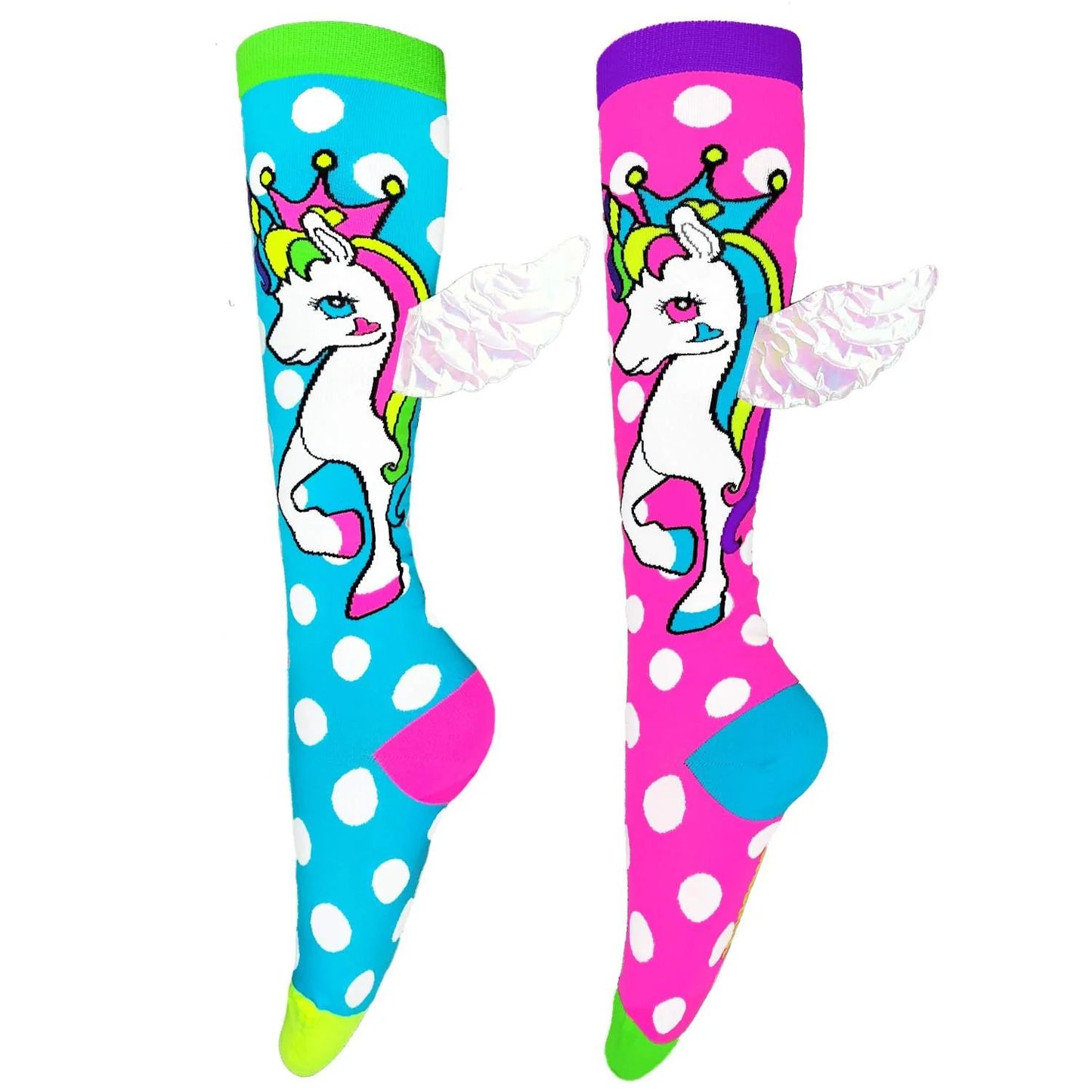 Colorful FLYING UNICORN socks for kids with holographic wings, perfect for dance parties and playful fun.